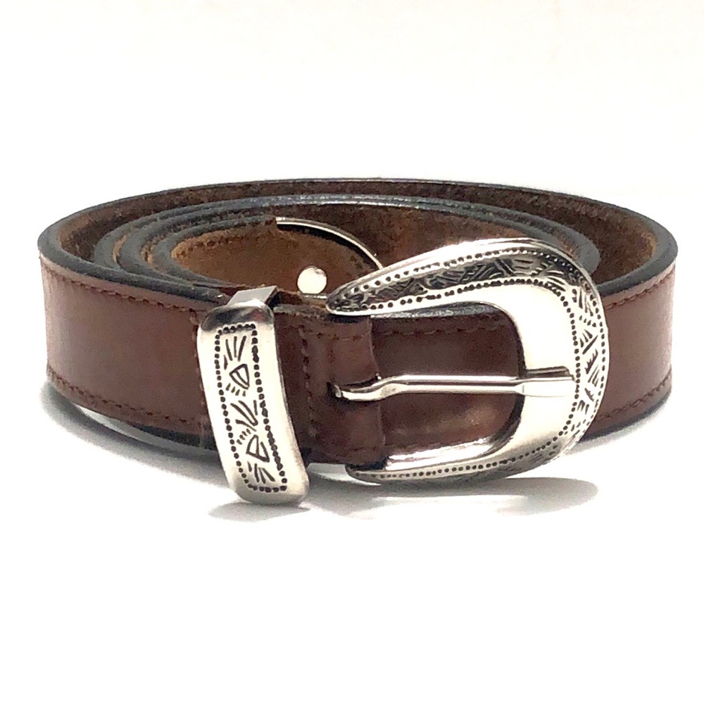 Brown Western Design Metal Buckle End Tip & Keeper Leather Belt size Medium